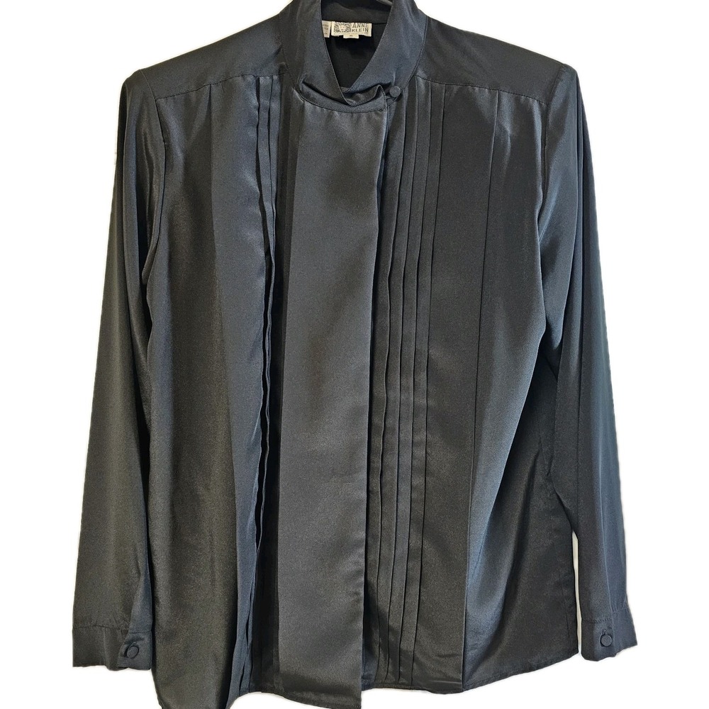 Anne Klein Classic Black Semi-Sheer Blouse Size 8 Button Up Pleated High Neck
